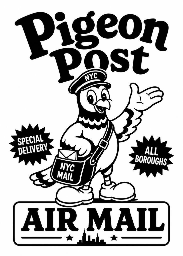 Pigeon Post mascot illustration, hand-drawn in black ink